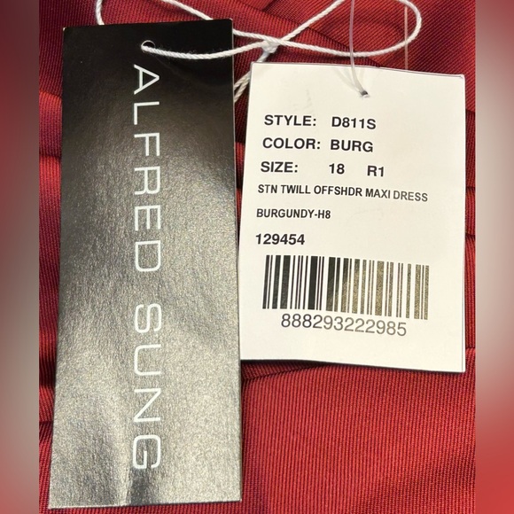 NWT Alfred Sung Off-the-Shoulder Draped Wrap Satin Burgundy Dress, Size 18 R-1 - Picture 12 of 15